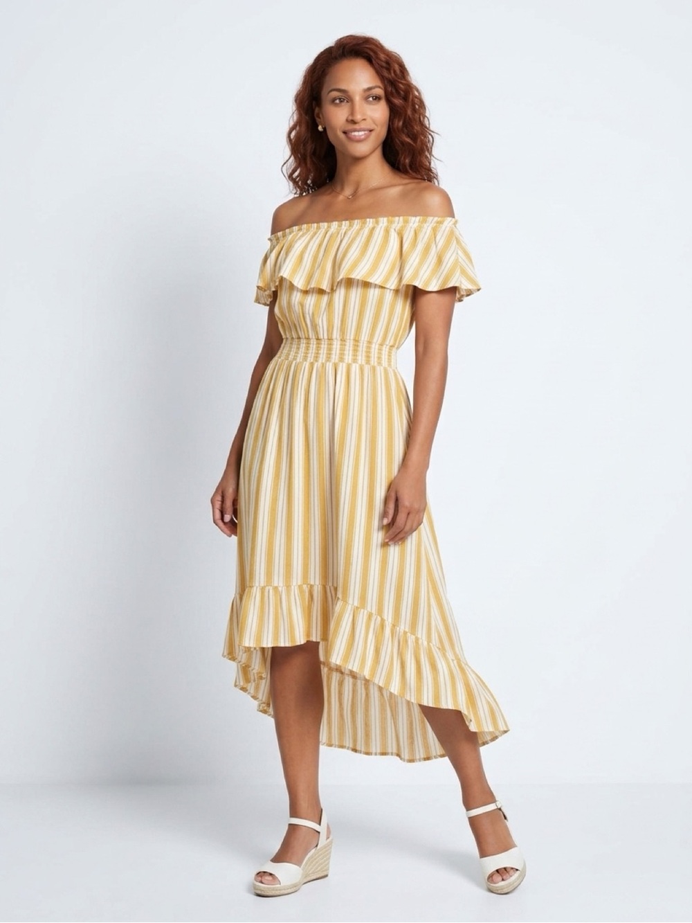 New Look Striped Midi Dress - Mustard Yellow and White